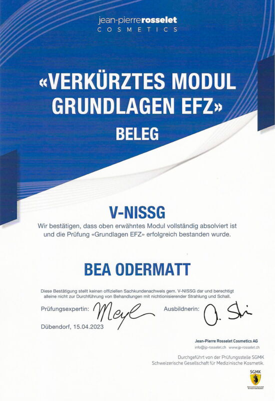 Zertifikat V-NISSG für Bea Odermatt von Jean Pierre Rosselet